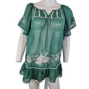 Vintage 90s Sheer Mini Dress Tunic Top Women Small Green Chiffon Ruffle Floral S